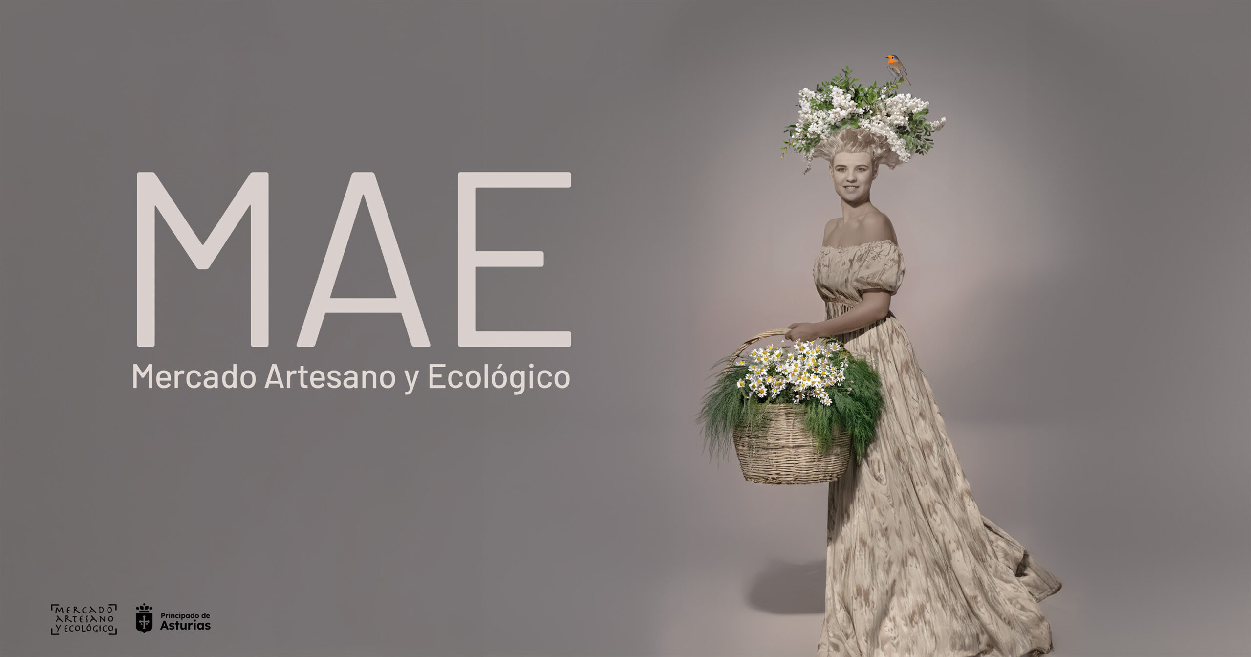 Mujer con vestido largo sosteniendo gran cesta con flores blancas y con flores en el pelo