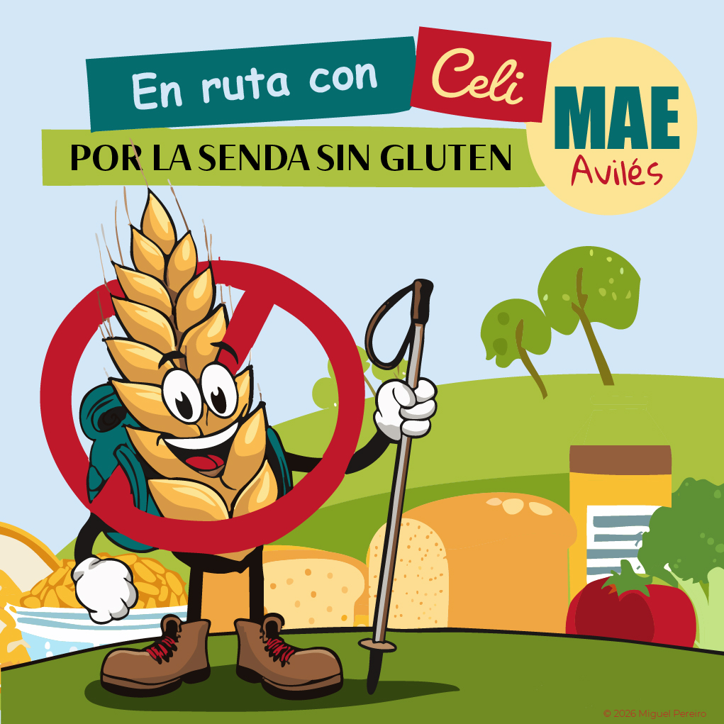 cartel en ruta con Celi con la espiga celiaca vestida de montañera