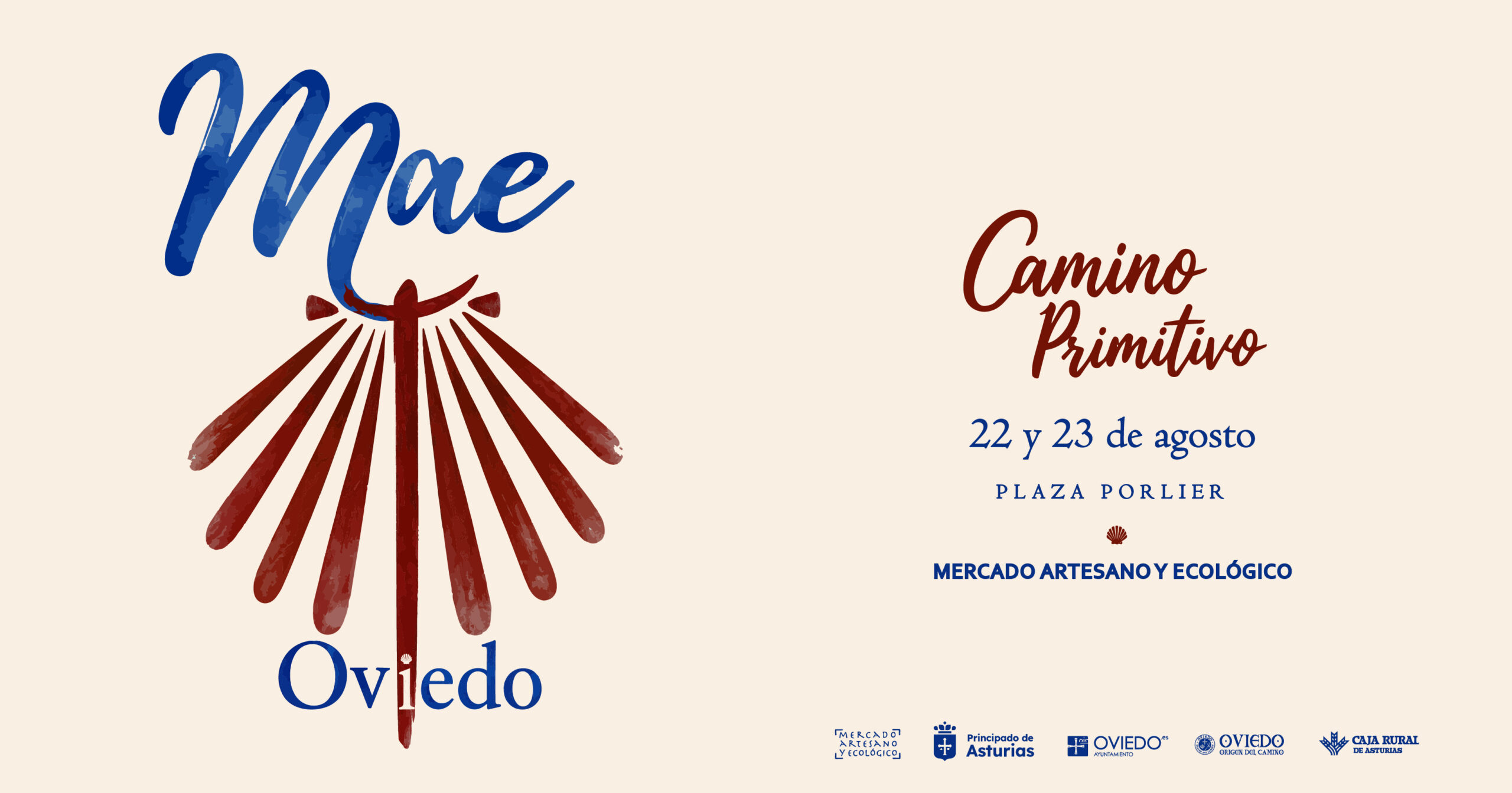 Cartel del Mercado Artesano y Ecológico de Oviedo con una gran vieira roja inspirada en el Camino Primitivo integrada entre las palabras "MAE" y "Oviedo", sobre fondo beige. Anuncia el mercado los días 22 y 23 de agosto en la Plaza Porlier.