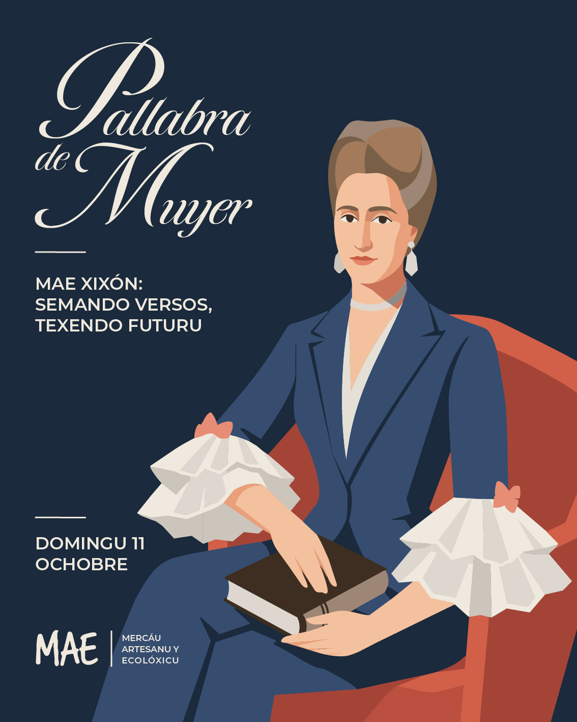 Cartel del evento "Pallabra de Muyer - Mae Xixón" con una ilustración de una mujer vestida de azul con cuello de encaje, sentada y sosteniendo un libro sobre un fondo azul oscuro.